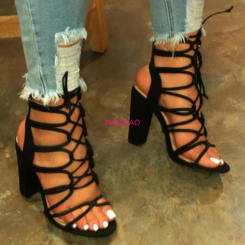 

Summer Women Gladiator Sandals Ankle Strap Cross Tie Square High Heel Sexy Fashion Party Wedding Ladies Shoes Zapatos De Mujer, Black
