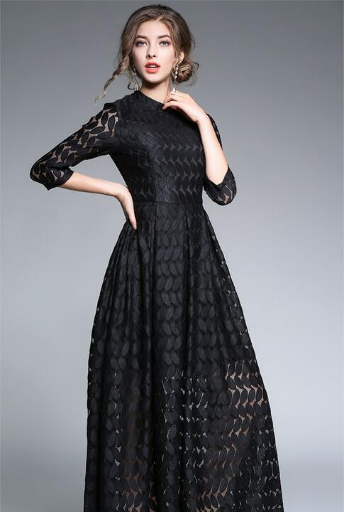 

2019 black lace long women formal dresses A-line street style dresses Ankle-length 1/2 sleeve