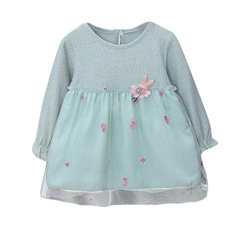 

Girl Princess Dress Long Sleeves Button Pure Color Splicing Dress cute Mesh Cotton Cartoon Casual Qizlarning etaklari, Gray
