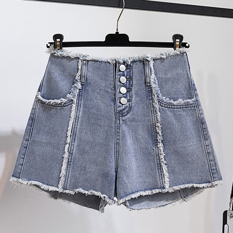 

Zoki Plus Size Women Denmi Short Fashion Tassel Summer High Waist Button Wide Leg Jeans Shorts A Line Pocket Ladies Streetwear, Blue