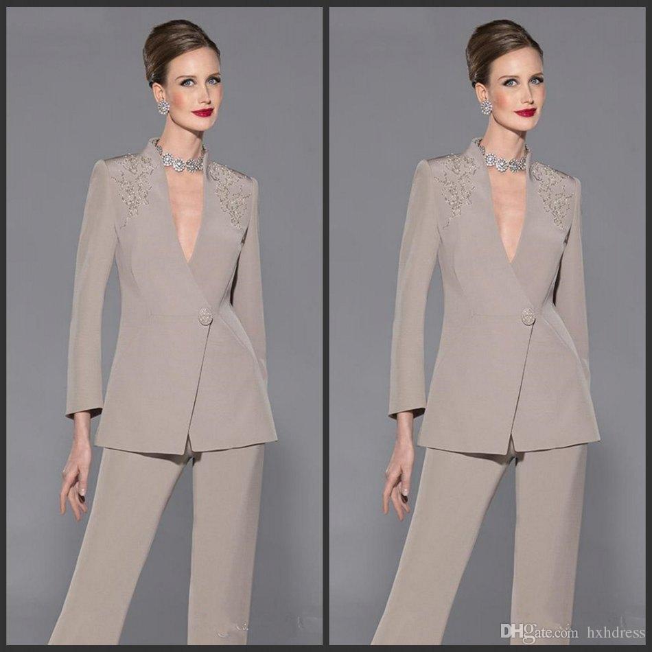 

2019 New Elegant Mother Of Bride Pants Suit V Neck Long Sleeves Appliques Satin Mother Of The Bride Dresses Custom Made Formal Suit