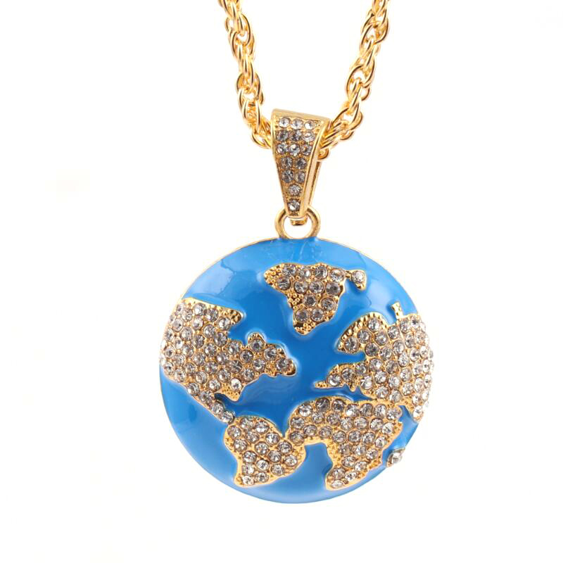 

4pcs/lot Hip Hop rap pendant Men women 35.6*51mm rhinestone Alloy silver gold world Map chains Necklace for party gift XL0001