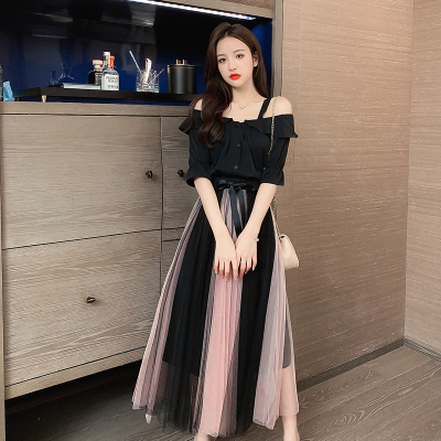 

Summer Korean Black Off Shoulder Shirt Two Piece Set Gauze Pleated Skirts Sexy Outfits Slash Neck Plus Size Clothes For Women