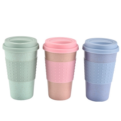 1 pc Fashion Wheat Straw Plastic Coffee Cup Travel Mug Leak proof with Lid FI