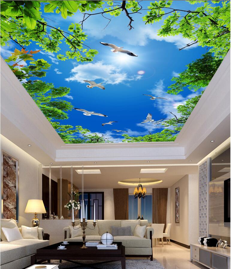 

WDBH 3d ceiling mural wallpaper custom photo Blue sky white clouds seagull leaves room home decor 3d wall murals wallpaper for walls 3 d, Non-woven