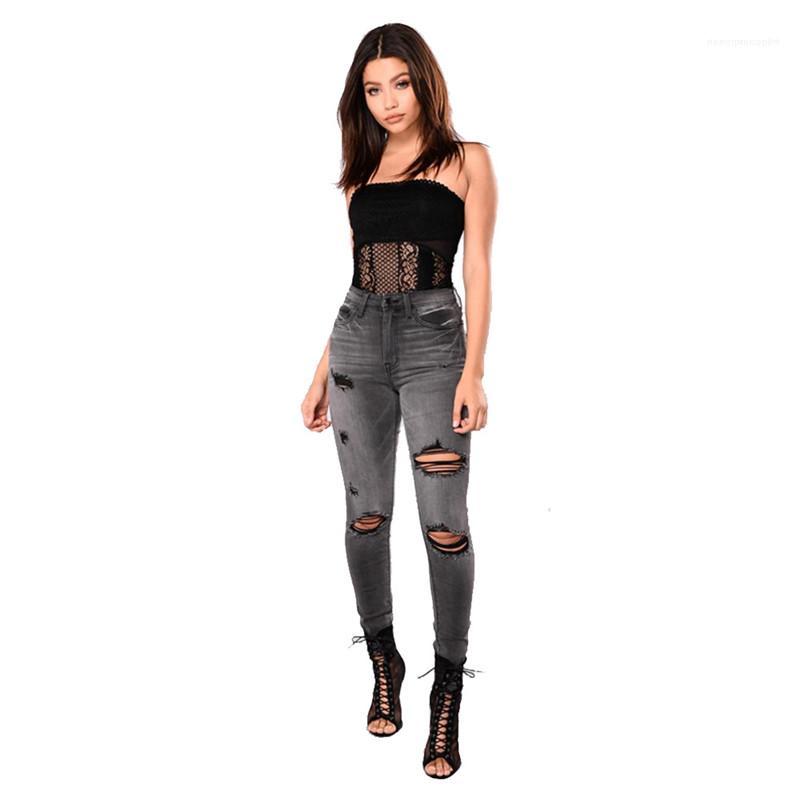 Taille haute Femme Pantalon Casual Chaussures Mesdames Aperçu des vêtements avec design de printemps de poche Noir Femmes Jeans Fashion