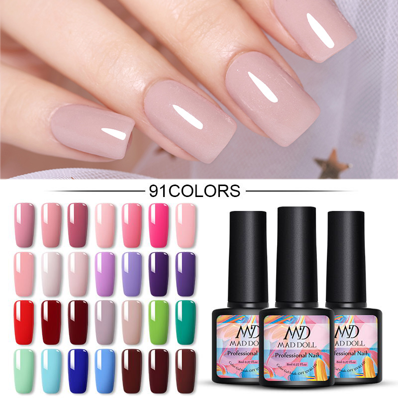 

MAD DOLL 8ml Nude Pink Color Gel Nail Polish Pure Nail Gel Varnish Soak Off UV Lacquer Base Coat No Wipe Top Coat, H08