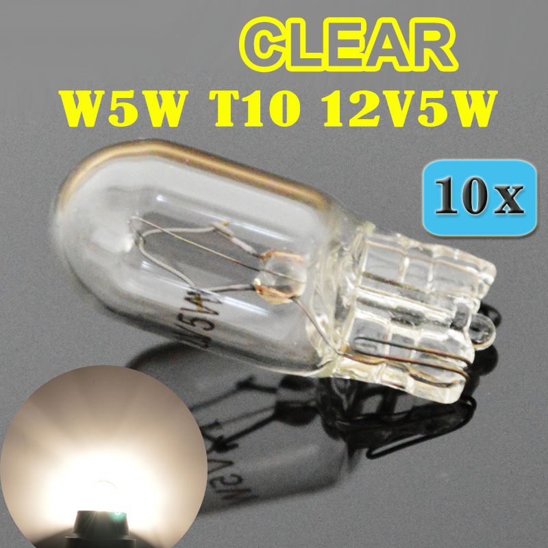 

Flytop (10 Pieces/Lot) Clear 501 194 W5W T10 White Glass 12V 5W W2.1x9.5d Single Filament Car Bulb Auto Lamp, As pic