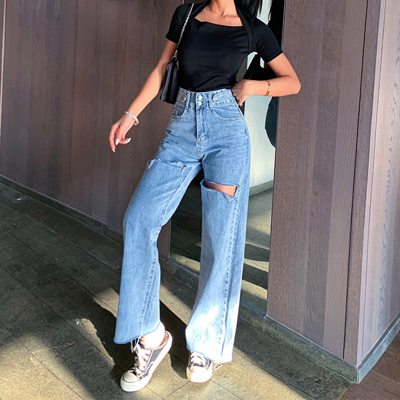 

Ants Were Thin Wide Legs Mop Pants Ripped Jeans Women Loose Loose Straight Cut Rotten, Light blue