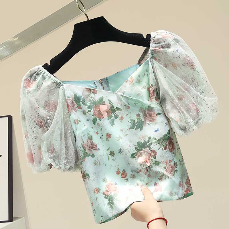

Floral Print Female Shirt Newcrop Top Women's Vintage V Neck Puff Sleeve Shirts Blouses Ladies Short Blouse Blusa Lady Slim Tops, Pink