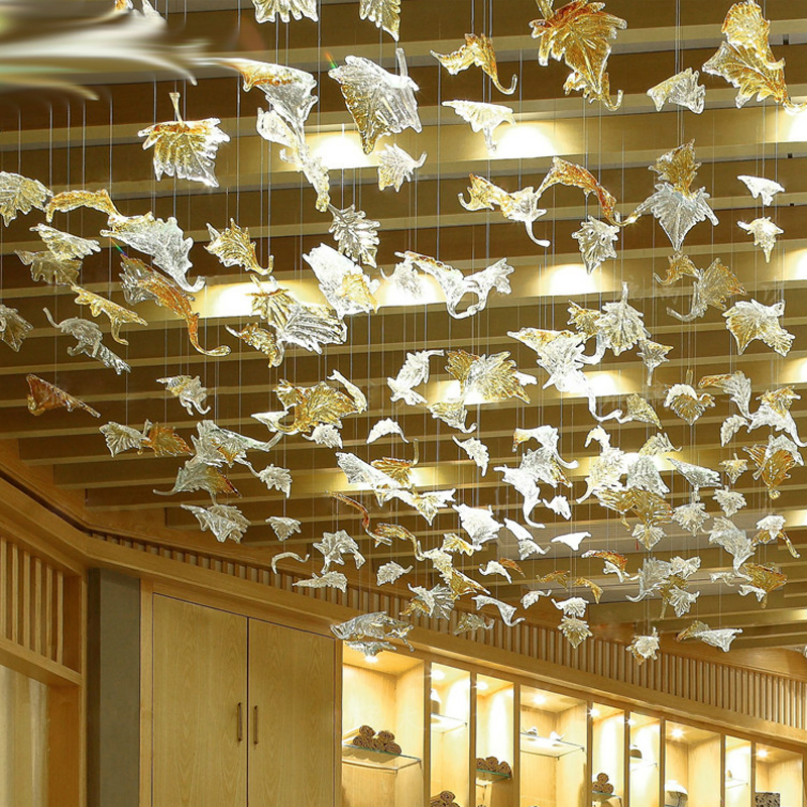 Murano glasblad ljuskrona lampor handblåst glas konst högt tak ljus Stor Lobby Hotell Restaurang Lövverk Ljus