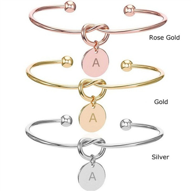 

New 26 Initial Letter charm Open Bracelets For Women Gold Silver Rose Gold Alphabet Tie knot Wire Cuff Bangle Fashion DIY Jewelry