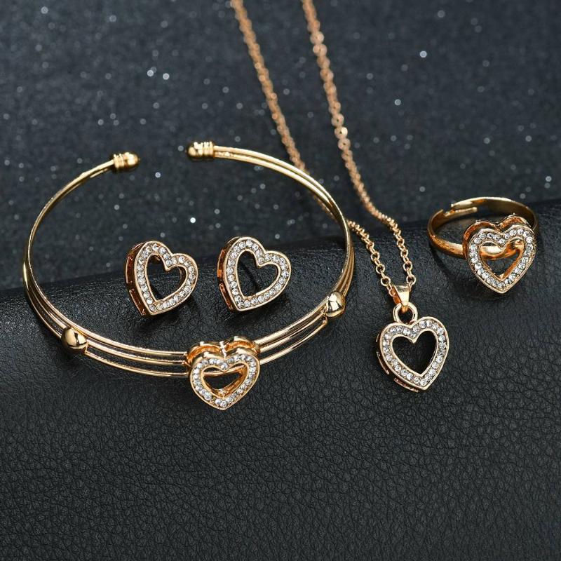 

Earrings & Necklace 4 Piece Heart-shaped Necklace, Stud Ring, Bracelet Set, Jewelry Set, As pic
