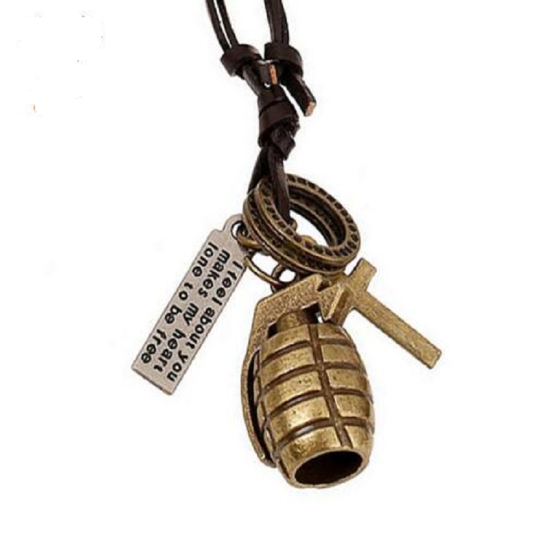 

COOL Charm Men's Necklace Mini Tattoo Grenade Choker Necklace Pendant Long Brown Leather Necklace Cord Jewelry For Men Gift