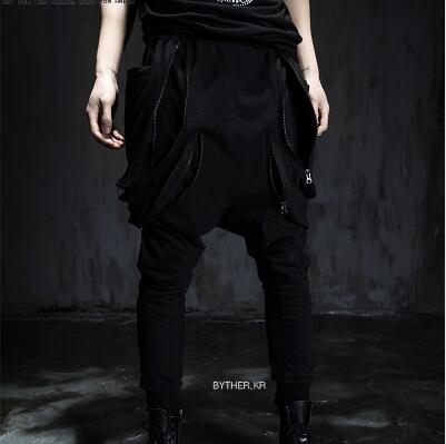 

2019 Men's Clouhing hanging crotch pants Korean personalized low waist multi-pocket pants harem, Black