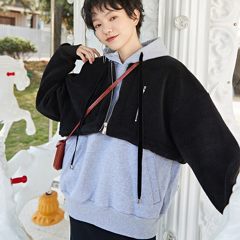 

MEVGOHOT Lamb Wool Winter Warm Fake Two Piece Women Hoodie Bodycon Long Sleeve Fuzyy Patchwork Frenulum Fashion Hoodies HD3209, Picture colour