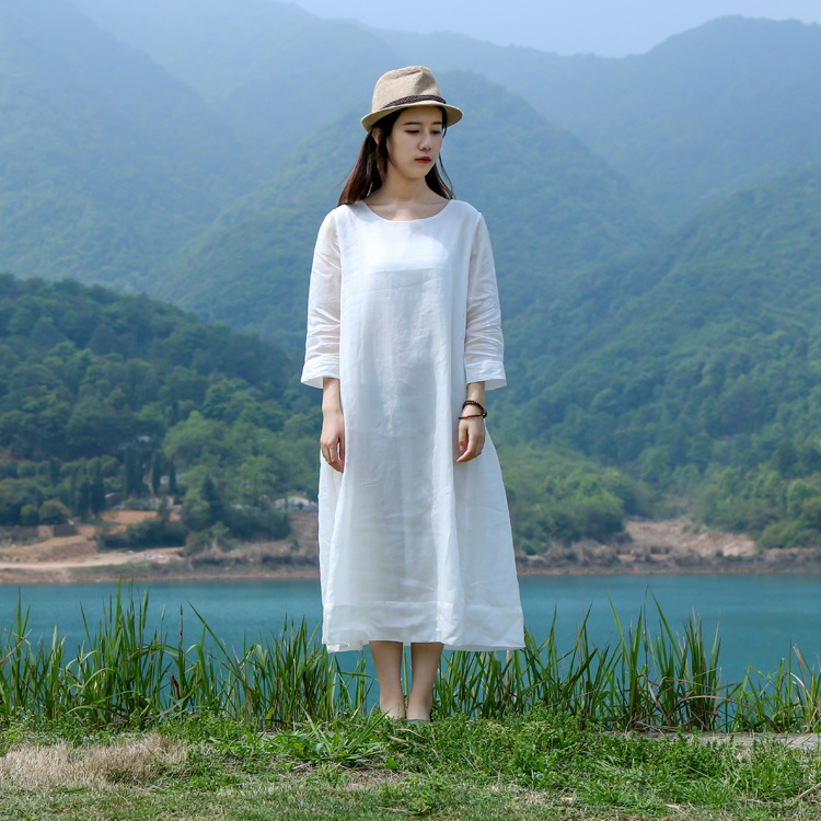 

100%Ramie White Woman Dress Pure Nature Fiber Brand Women Dresses 150164