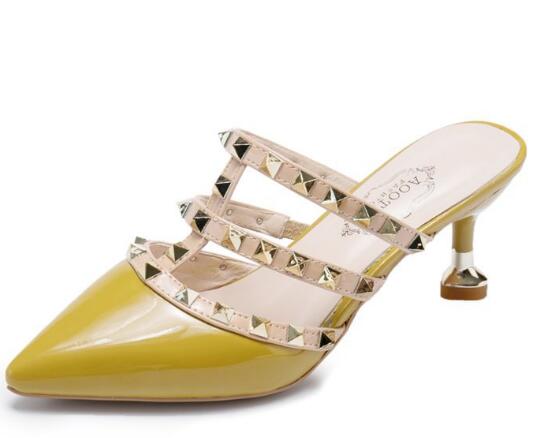 

2019 new Women Pumps Wedding Shoes Woman High Heels sandal Nude Fashion Ankle Straps Rivets Shoes Sexy High Heels Bridal Shoes, Yellow
