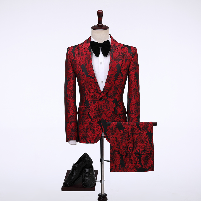 

Men's Suits & Blazers Brand Groom Tuxedo Suit 2021 Custom Made Red Floral Men Terno Slim Fit Peaked Lapel Groomsmen Wedding Prom, As picture