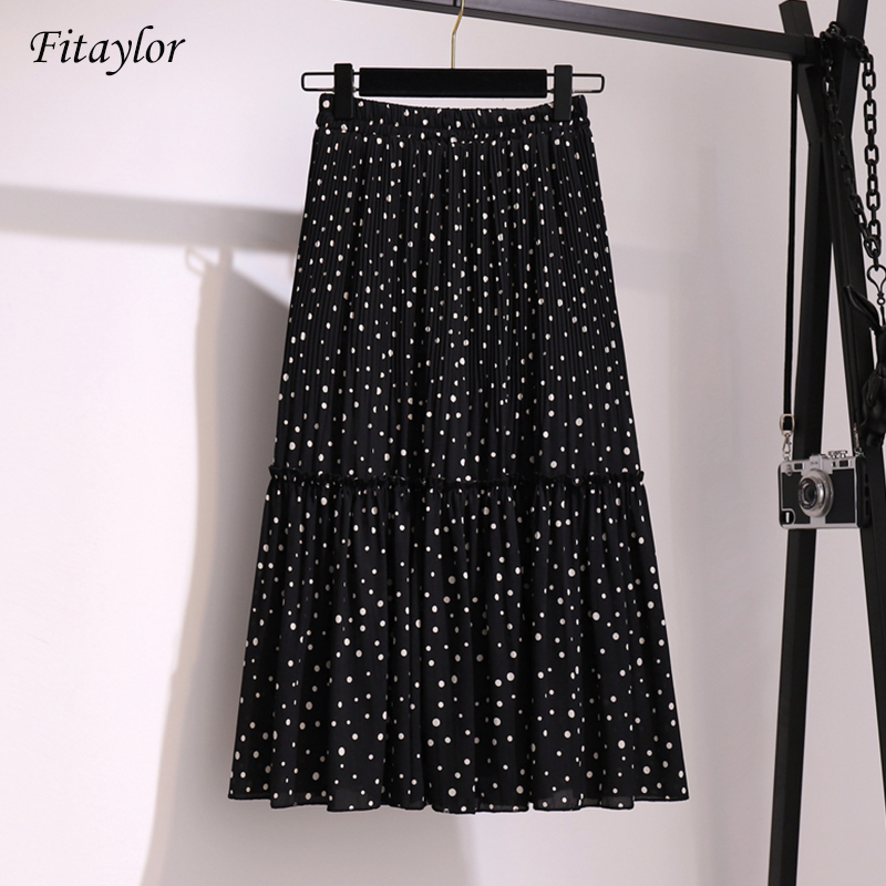

Fitaylor 2020 Womens Summer Chiffon Bohemian High Waist Beach Skirt Beach Black Polka Dot Printed Layers Tiered Long Skirts, Beige