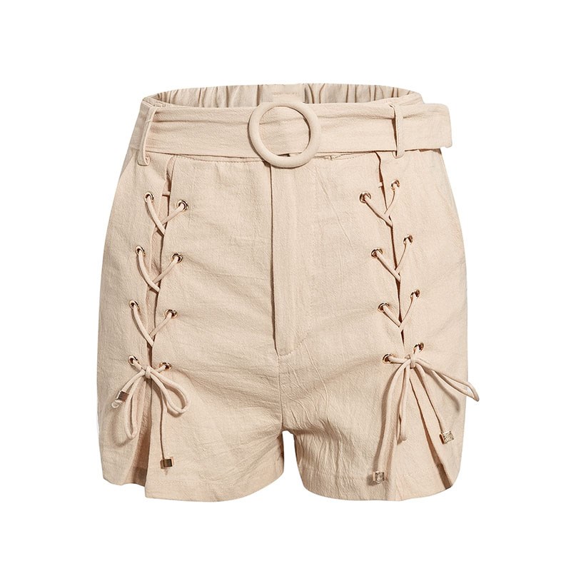 

Summer Women Lace-Up Casual Wide Leg Shorts High Waist Bottom Female Loose Cotton Shorts, Apricot