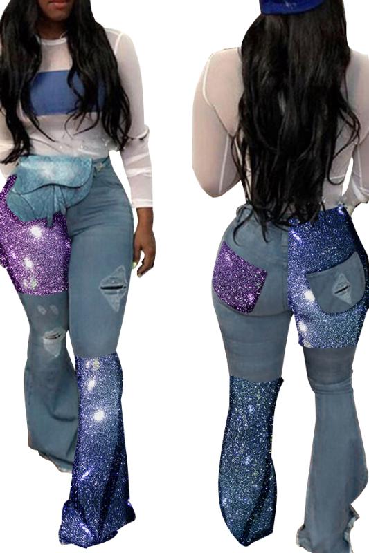 

Sexy Denim Pants Women Retro Sequined Jeans Ripped Flare Pants Women Trousers Skinny Casual High Waist Flared, Multi