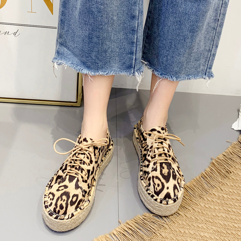 

chamsgend women flats 2020 fashion women round toe flat casual shoes straw hemp rope lace up leopard shoes, White;red