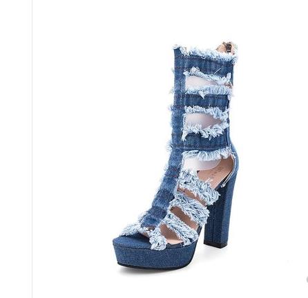 

Women's Sandals Lady Denim Hollow Versatile Open Toe High Heels Large Size Sandals Summer Female Casual Fashion Shoes, Black