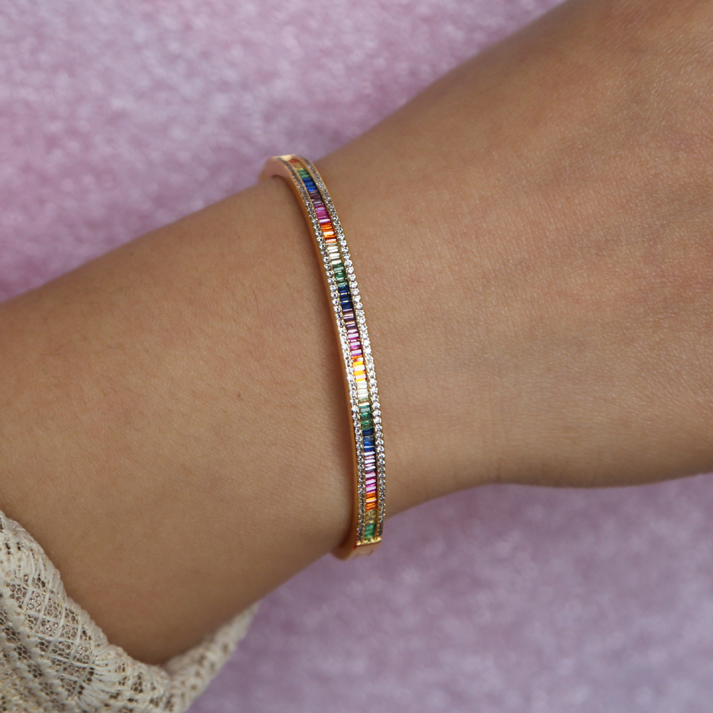 

Wholesale- rainbow cz open cuff bangle for lady women 2019 new trendy gorgeous fashion jewelry colorful bracelet dia 56-58mm