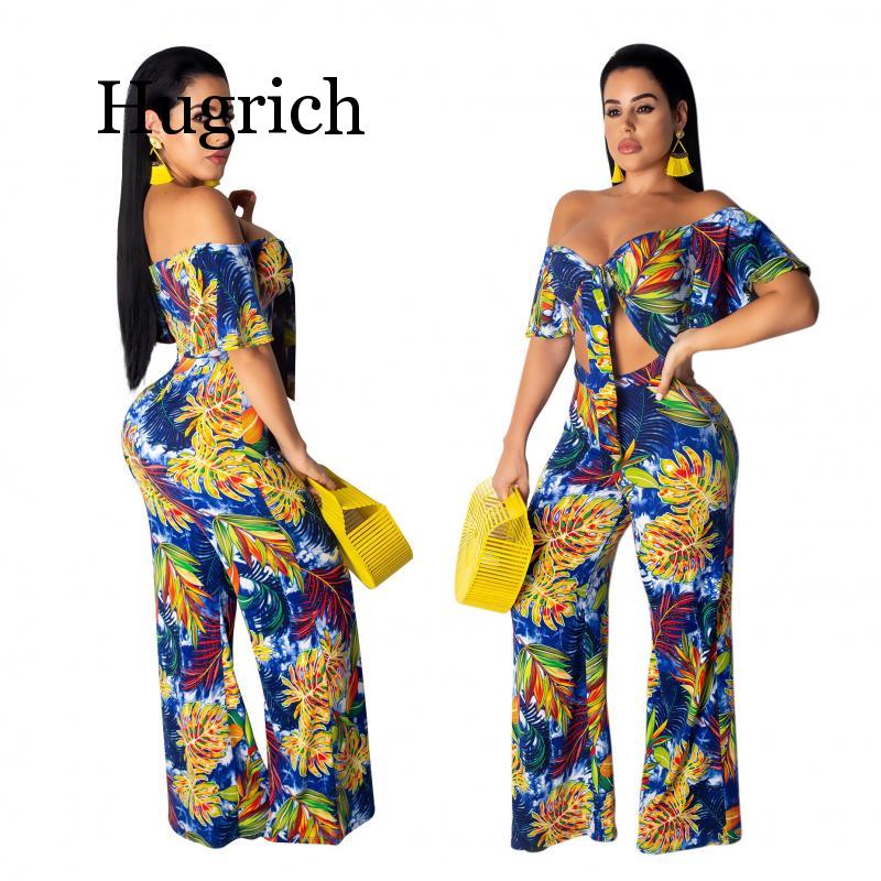 

2020 Off shoulder skinny women jumpsuit romper Skinny print sexy jumpsuit Two-piece suit summer overall new, Blue