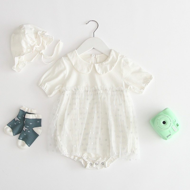 

baby kids designer clothes romper Summer Short Sleeve Polka Dots Mesh Patchwork Romper Clothes 100% cotton girl kid rompers 0-2T, As picture