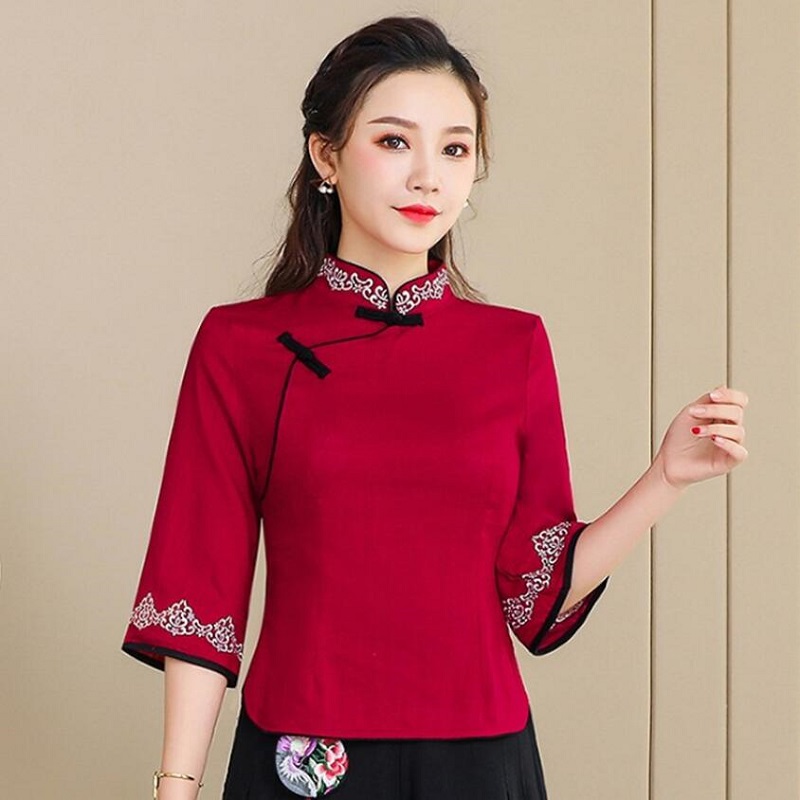 

Ethnic Clothing Ladies Chinese Tops Blouses Traditional Top Embroidery 3/4 Sleeve Cheongsam Style Shirt Women'S Qipao TA2144