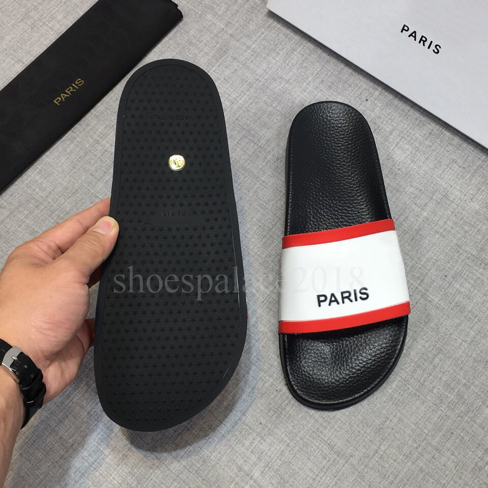 

White Black Paris Mens Womens Summer Sandals Beach Slide Slippers Ladies Flip Flops Loafers Print Leather Shoes Pantoufles, With box
