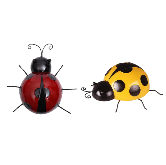 

2pcs iron ladybug metal animal hanging wall art hanger indoor outdoor garden home decoration - red & yellow