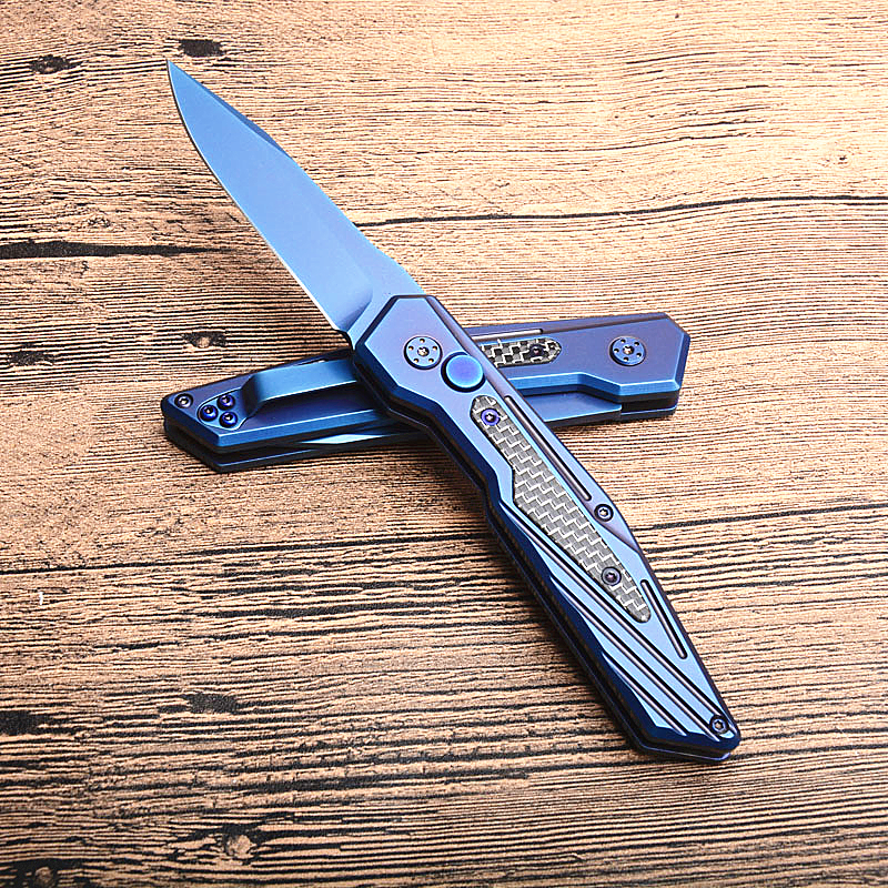 

Exquisite Auto Tactical Folding Knife 8Cr13Mov Blue Titanium Coated Blade Steel + Carbon Fiber Handle EDC Pocket Knives