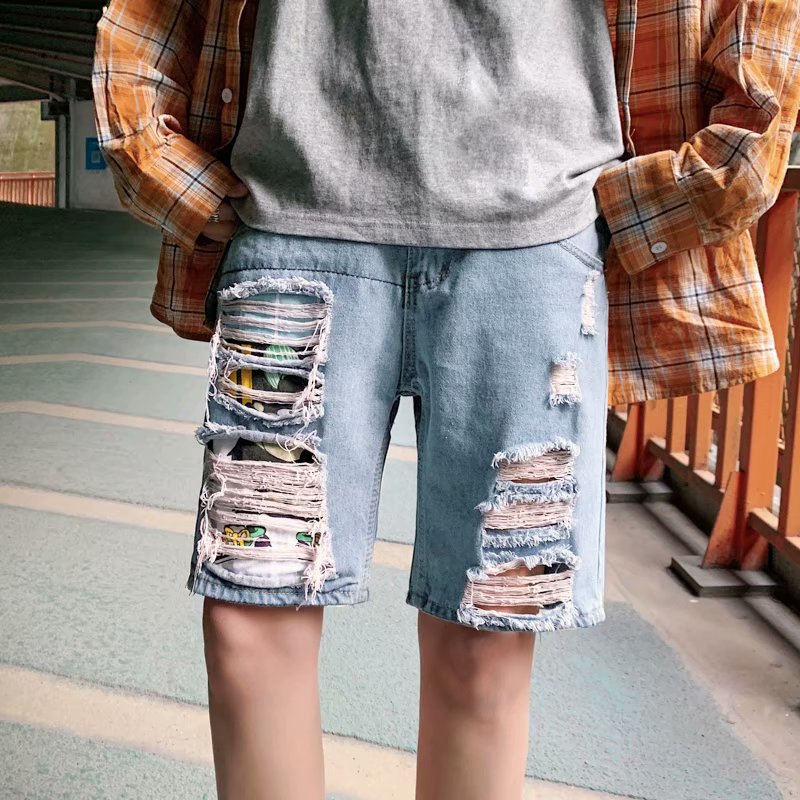 

Januarysnow Summer Fashion Brand Network Red Hole Denim Shorts for Boys and Teenagers Fashion Personality Graffiti Print Patch Pants, Blue