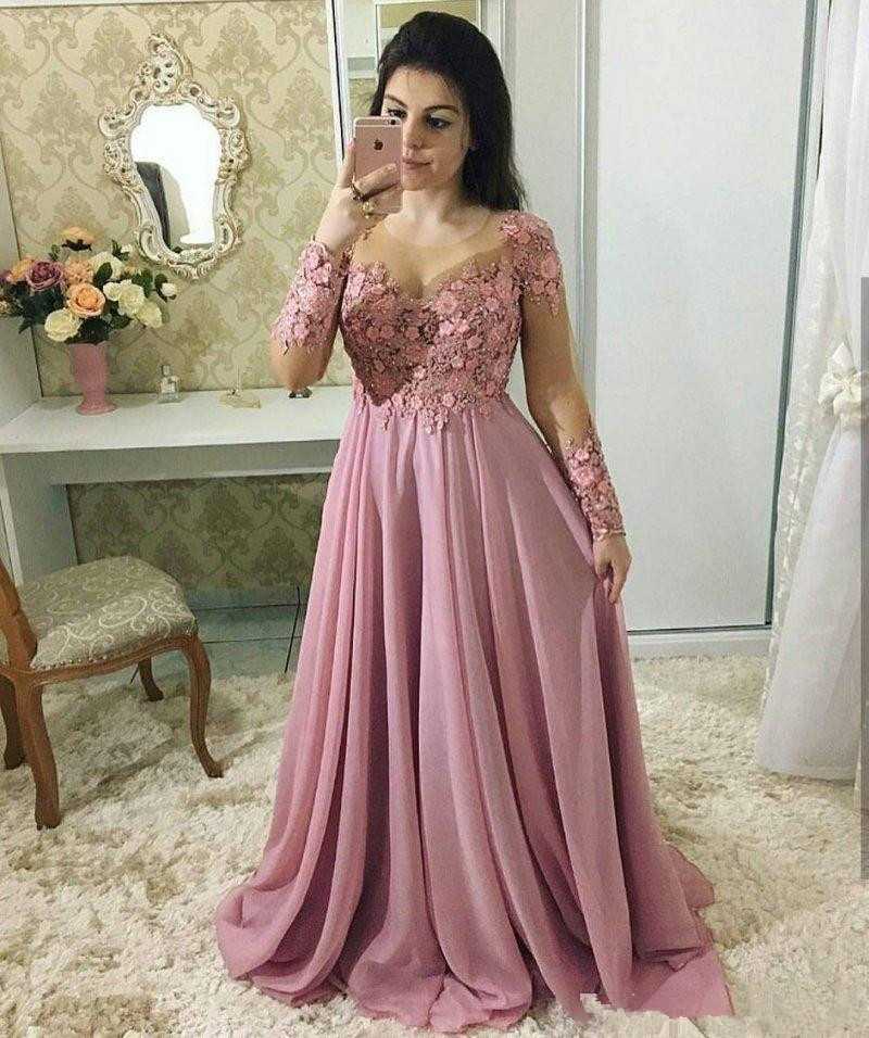 

Stunning Lace Dresses Evening Wear With Long Sleeves Sheer Jewel Neck Beaded Prom Gowns Vestidos De Fiesta Sweep Train Chiffon Formal Dress, Gray