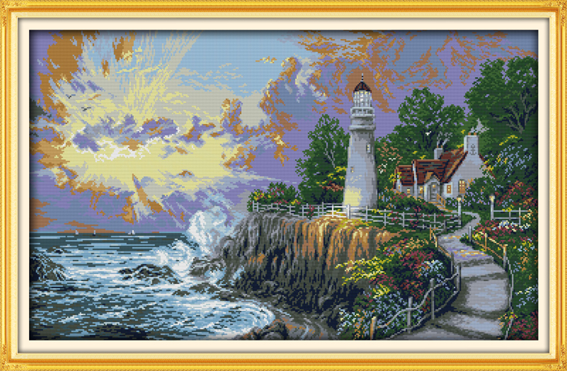 

The beacon light tower seaside home decor painting ,Handmade Cross Stitch Embroidery Needlework sets counted print on canvas DMC 14CT /11CT