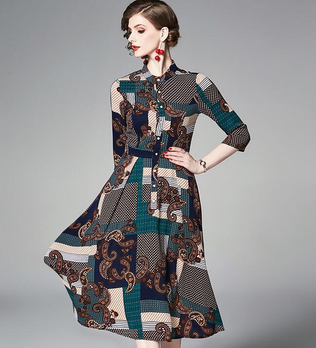 

Houndstooth print empire women dresses crew neck A-line street style dresses Mid-Calf 3/4 sleeve, Multi