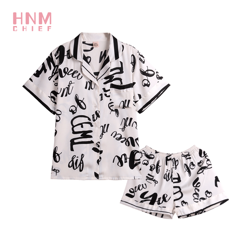 

HNMCHIEF White Silk Pajamas Set Printing summer Short Sleeve Two Pieces Set Sexy Nightwear for Women Sleepwear Sleeping clothing