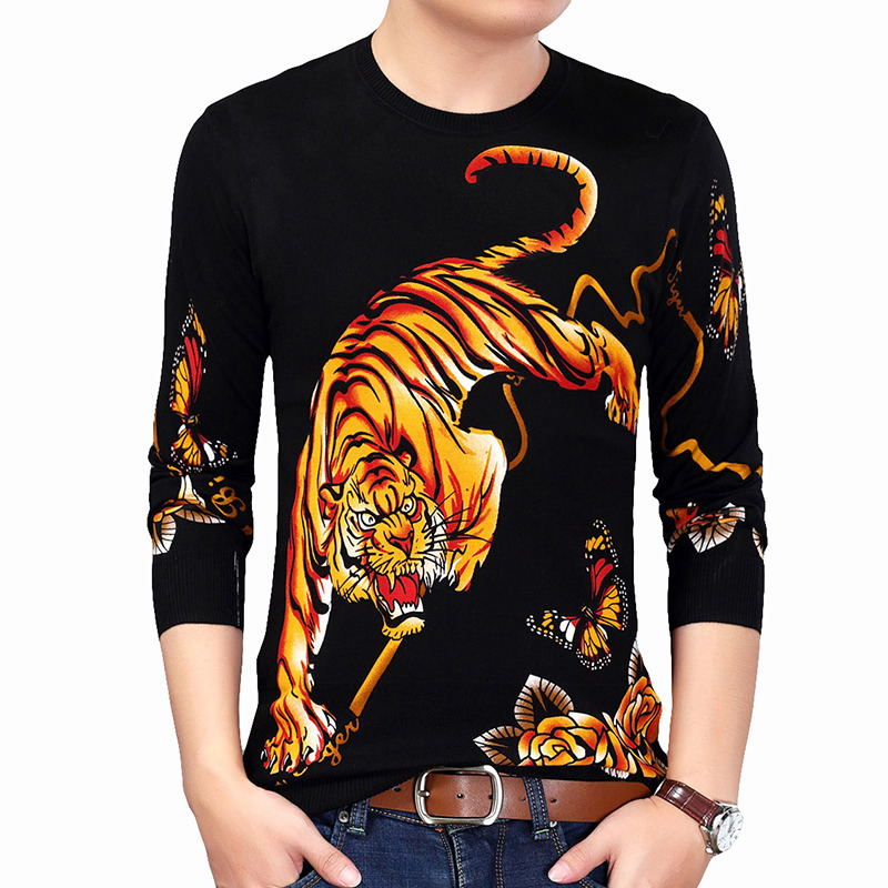 

Men's Sweaters Fashion Animal Printed Sweater Man Pullover Slim Fit Pull Homme Tiger Print Mens Clothes Oversize, Gold
