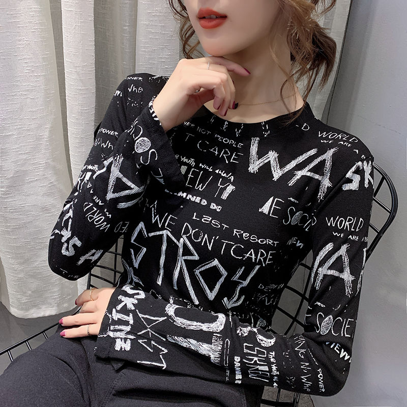 

Long Sleeve Basic T-shirt Women Letter Print Slim O-neck t shirt Tops Schoolgirl Street Style Basic Warn Tees Female Clothes, Black