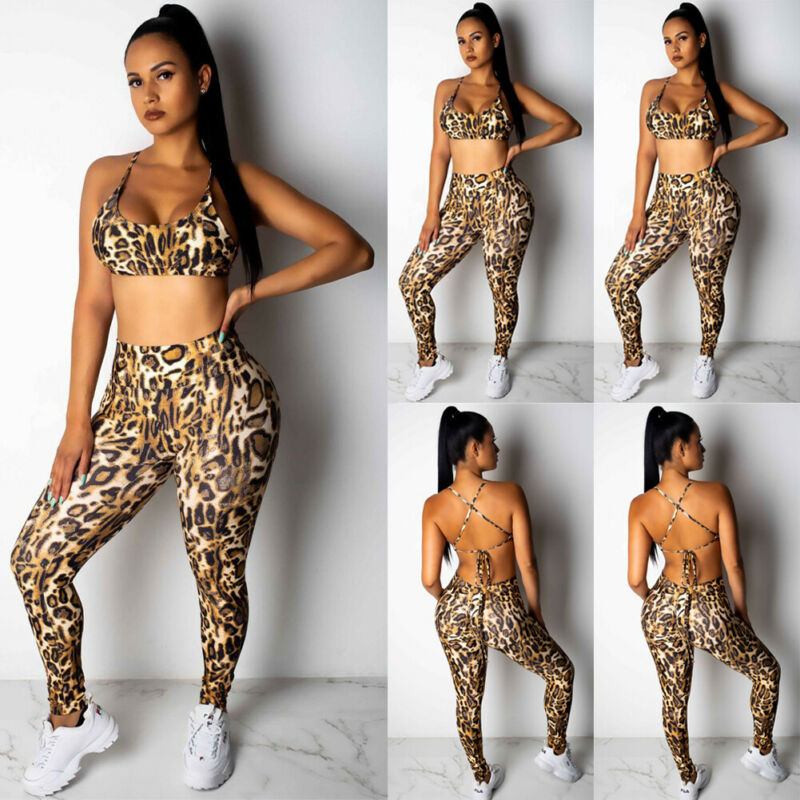 

Women 2PCS/Set Leopard Sports Suit Crop Tops Pants Outfit Yoga Workout Tracksuit, As pic