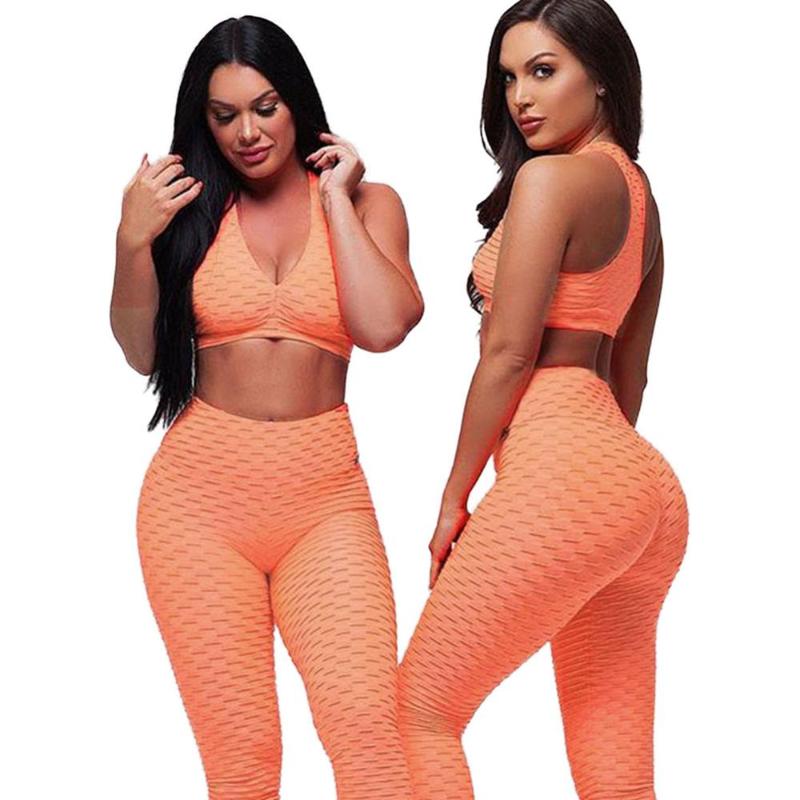

Women Racerback Fitness Sport suit Hight Waist Sports Bra Two Piece Jacquard Leggings ankle length padded tracksuit, Brown