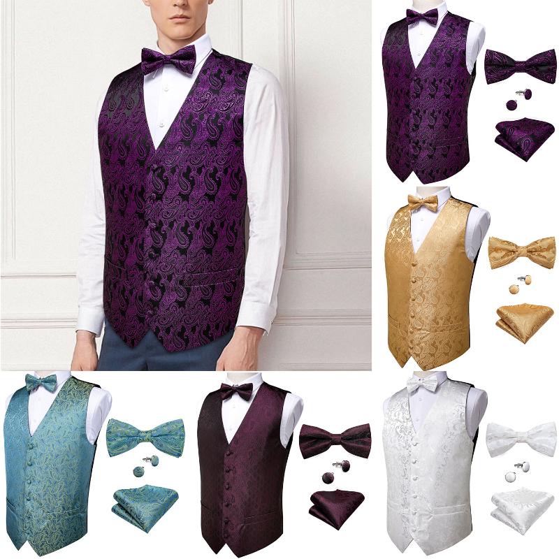 

Mens Classic Purple Gold Paisley Jacquard Folral Silk Waistcoat Vests Handkerchief Bow Tie Vest Suit Pocket Square Set DiBanGu, Vj-0116