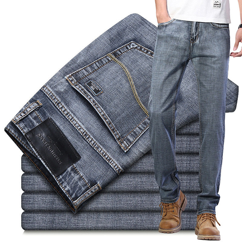 

Men's Summer Thin Jeans Classic Business Straight Casual Denim Pants Retro Grey Regular Washed Elastic Trousers Male Brand, 126-light blue