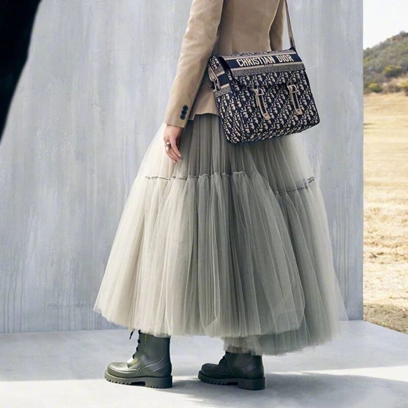

Treutoyeu Design Runway Pleated Tulle Skirt Black Grey High Waist Luxury Soft Mesh Maxi Long Skirts For Women Jupe Longue Femme
