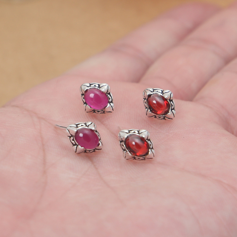 

Handmade Gothic Earrings - 925 Silver, Red & Black Stones, Prong Setting, Vintage Luxury Jewelry for Punk & Hip-hop Outfits