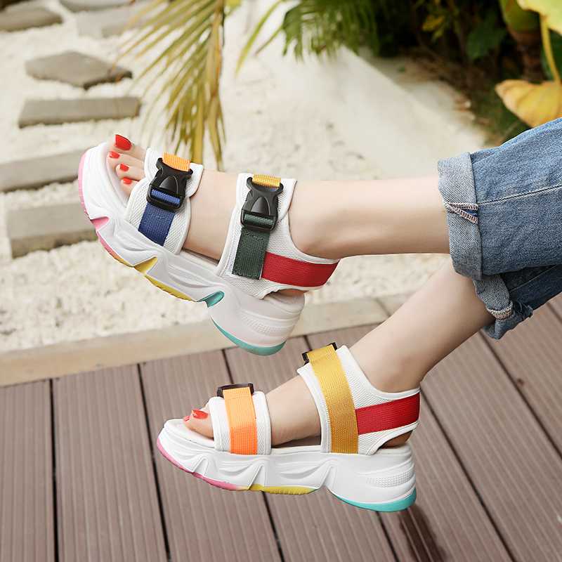 

Women Chunky Sandals 2020 Summer Designers Fashion Block Heel Shoes Woman Platform Casual Shoes Mesh Wedges Sandal Black