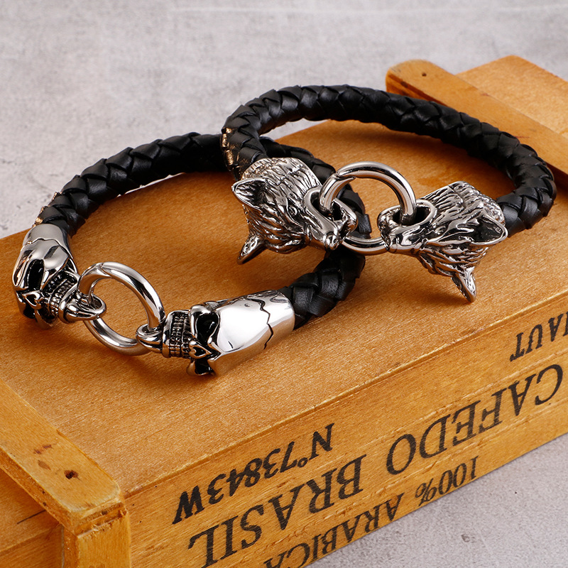 

Link, Chain Vintage Gothic Skull Wrap Bangle Double Wolf Head Bracelet Men Stainless Steel Biker Jewelry Braided Leather Mens Cuff Bracelets